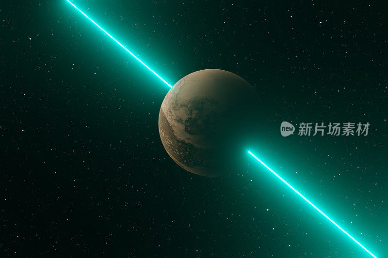 CGI 3D，外太空的行星和一个霓虹灯酒吧穿过行星